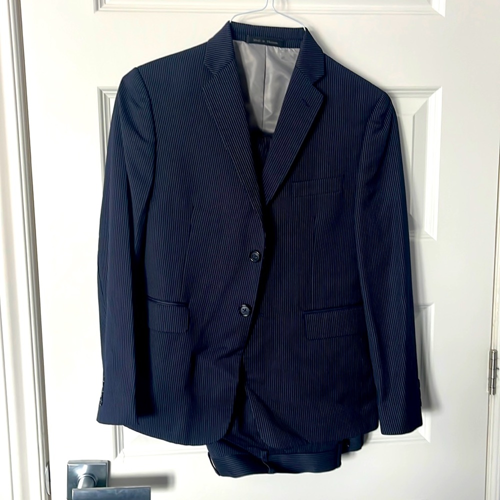 Michael Kors Navy pin stripe suit: jacket (12H) and pant (12H/ 29.5”)